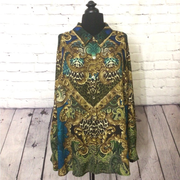 Susan Graver printed feather weave button front shirt blouse top size 18W - Picture 7 of 8